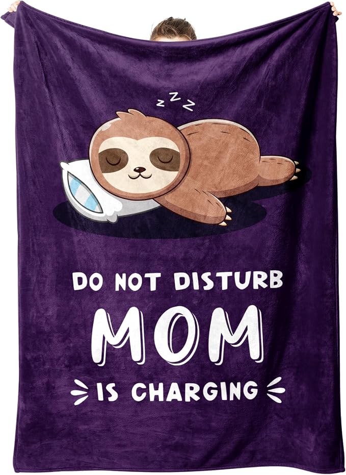 Leebbsin Funny Gifts for Mom, Birthday Gifts for Mom from Daughter Son | Mom is Charging Sloth Blanket, 60" x 80", Purple, Mom Gift for Christmas Mothers Day, Soft Sloth Throws Blanket for Mother