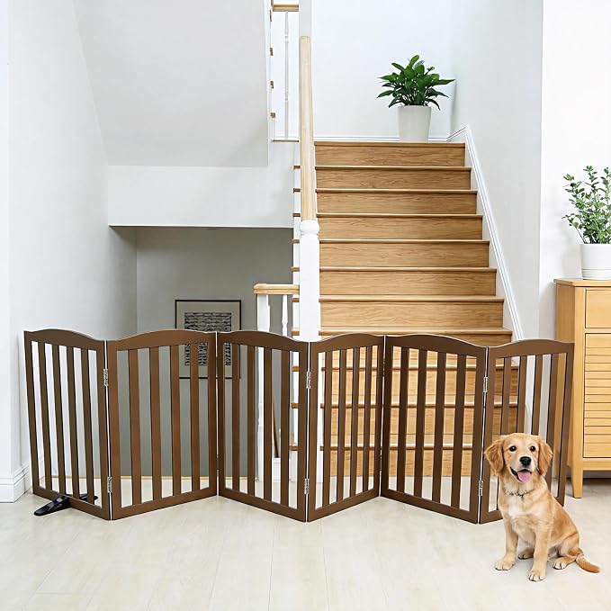 ZJSF Foldable Freestanding Indoor Dog Gate for House Wood Long Pet Gates Dog Fence for Stairs Puppy Gates for Hallways, Puppy Gate,Support Feet Included, Brown, 24 "Height-6 Panels