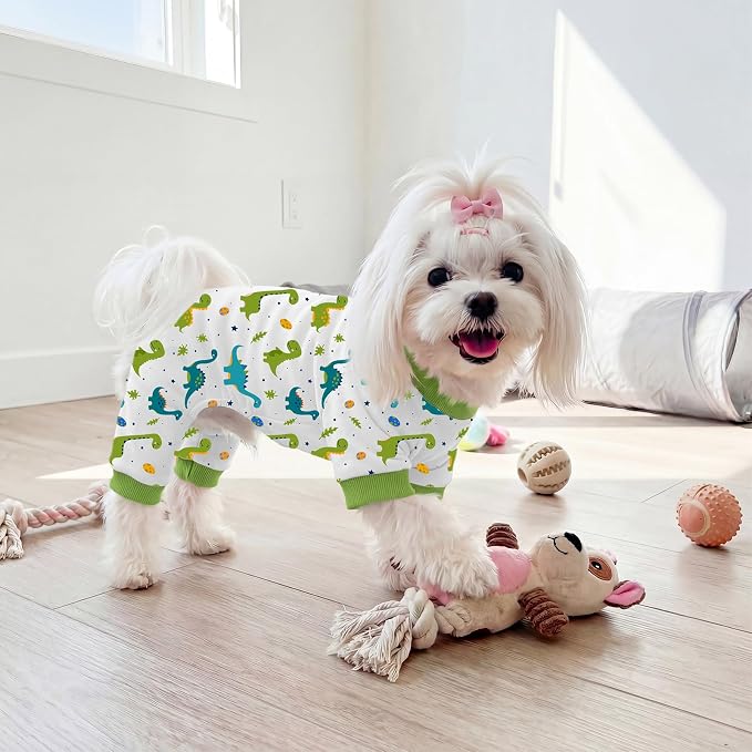 Dog Pajamas for Small Medium Dogs Pjs Green Dinosaurs Dog Onesie Breathable Puppy Pj Pet Stretchy Soft Sleepwear for Spring Summer Costume-XL