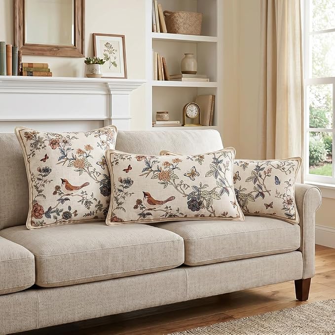 Designer Linen Throw Pillow Cover,Set of 2,20"x12"-Cornucopia A | Elegant French Rectangle Pillow Cover,Concealed Zipper,Floral and Bird Pattern,Sofas,Bedroom,Living Room,Lounge Chairs