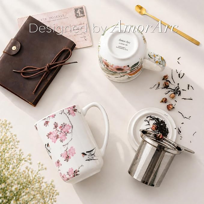 AmorArc Porcelain Tea Mug with Infuser and Lids, 18 Oz Coffee Cup Strainer with Bag Holder for Loose Leaf Tea, Steeping Coffee Mug for House-warming Wedding Birthday Gift
