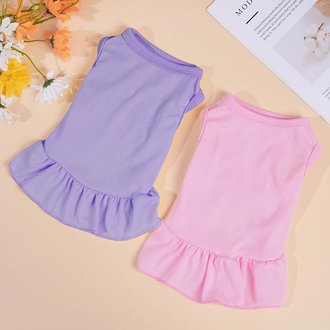 2 Pcs Dog Dresses Cat Skirt Solid Color Dog Clothes Summer Sleeveless Puppy Girl Clothes for Small Pet Dogs Cats (Pink,Light Purple, Large)