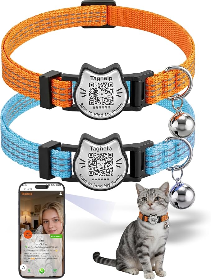 Breakaway Cat Collar with QR Code Tag and Bell (Blue & Orange) | Reflective Nylon, Quick-Release Buckle