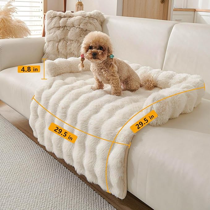 Calming Dog Bed for Couch, 29.5 x 29.5 inch, Non-Slip Rabbit-Velvet Dog Sofa Mat for Furniture Protector, Perfect for Small, Medium Dogs and Cats (Off-White, Medium)