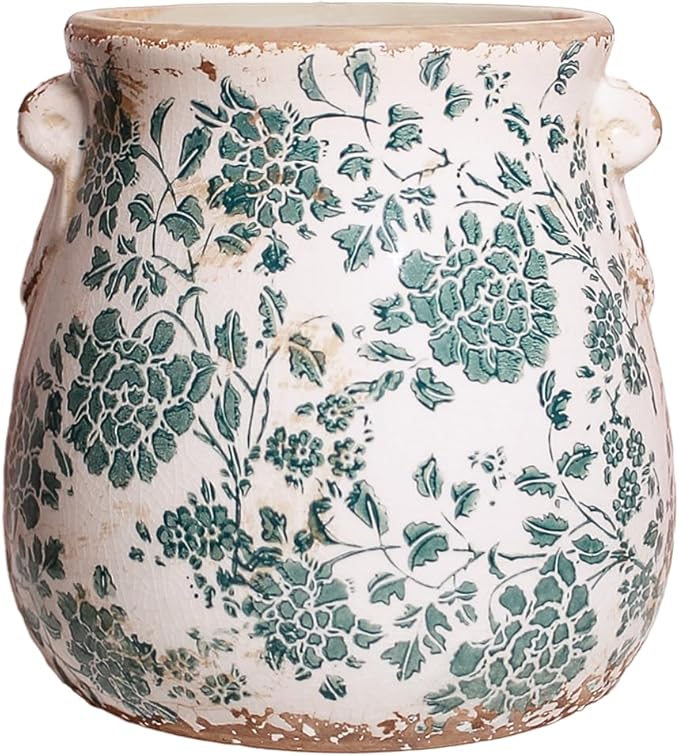 Tuscan Ceramic Planters & Kitchen Utensil Holder, 6.68" Vintage Plant Pots | Flower Pot with Drainage for Indoor/Outdoor, Country Cottage Vase for Home Garden Decor, Gifts for Plant Lovers, Cyan