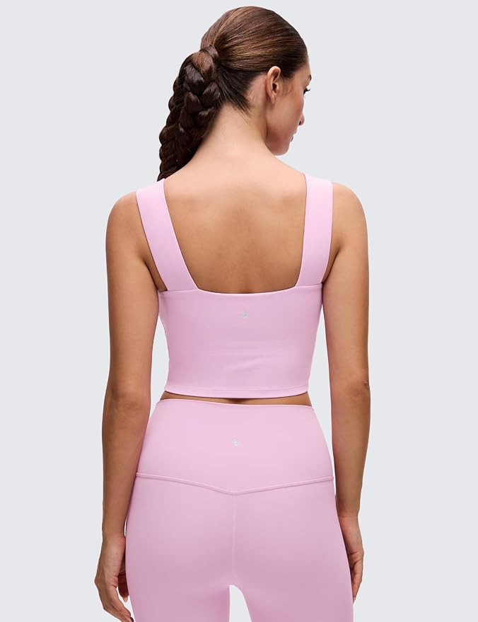 CRZ YOGA Butterluxe Wide Straps Square Neck Crop Tank Tops for Women - Padded Workout Yoga Longline Sports Bras