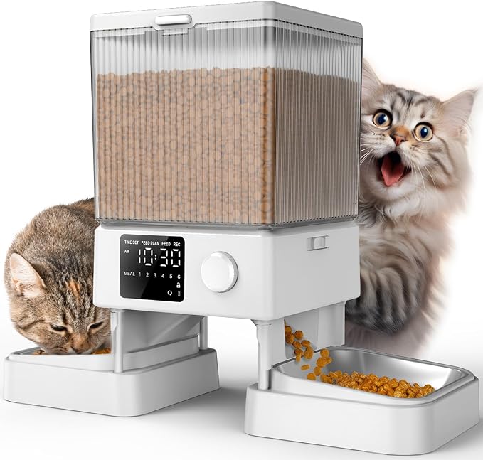 oneisall Automatic Cat Feeder for 2 Cats Pets, Timed Cat Food Dispenser | 20 Cups/5L, Prevent Fighting, Precise Portion, Balanced Dispense, Non-Slip & Stable, Voice Recorder, Stainless Steel Bowls