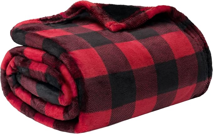 PAVILIA Black and Red Buffalo Plaid Fleece Throw Blanket for Couch, Soft Checkered Flannel Blanket for Sofa, Plaid Christmas Couch Throw Bed, Warm Cozy Decorative Blanket Fall Decor Gift, 60x80