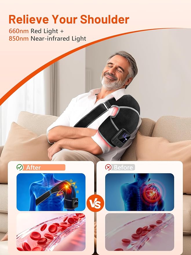 Red Light Therapy for Shoulder with Heat & Massage, 6 Modes 5000mAh Cord-Free Controller Infrared Light with 216 Beads 660nm & 850nm Portable Heated Shoulder Pad, Last 110-240mins