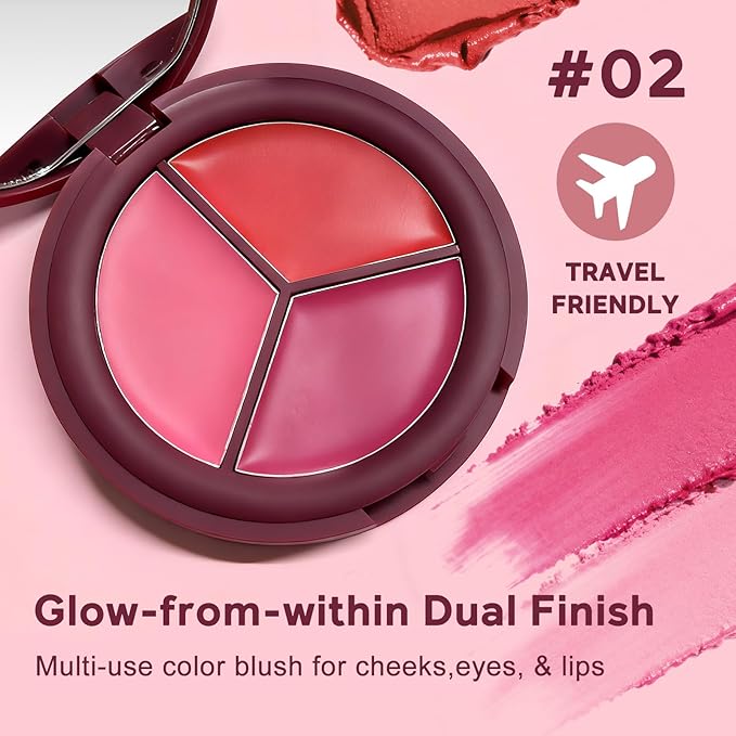 Color Nymph 3 Colors Ultra-Creamy Blush for Cheeks, Multi-Use Cream Blushes Balm Face Makeup, Hydrating, Creamy, Lightweight & Blendable Color, Face Makeup, Vegan & Cruelty-Free （#02）