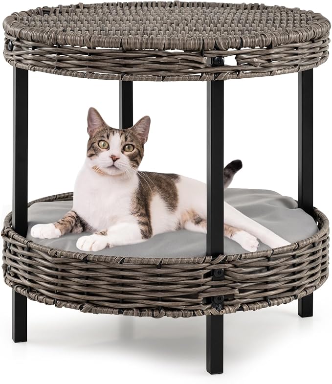 Tangkula 2-Tier Rattan Cat Nest, Wicker Kitten Condo with Removable Padded Cushion, Raised Cat Bed for Small Animals, Indoor & Outdoor Elevated Pet Shelter for Home, Deck, Balcony