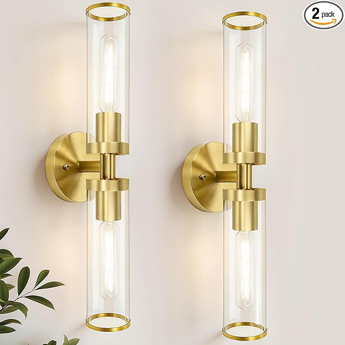 Gold Wall Sconces, Bathroom Sconces Vanity Light Fixtures with Clear Glass, Set of 2, Brushed Gold Sconces Wall Decor, for Living Room/Bathroom Corridor Mirror/Bedroom Hallway Stairwell