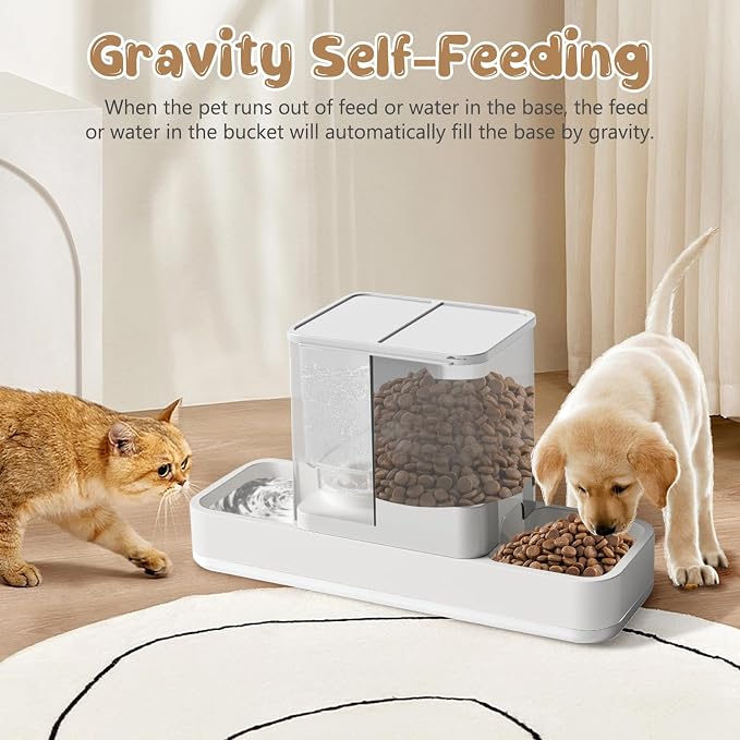 GearRoot Automatic Cat Feeder and Water Dispenser, 2 in 1 Gravity Pet Food Feeder and Water Dispenser Detachable Cat Food Dispenser for Small Dogs and Cats, White