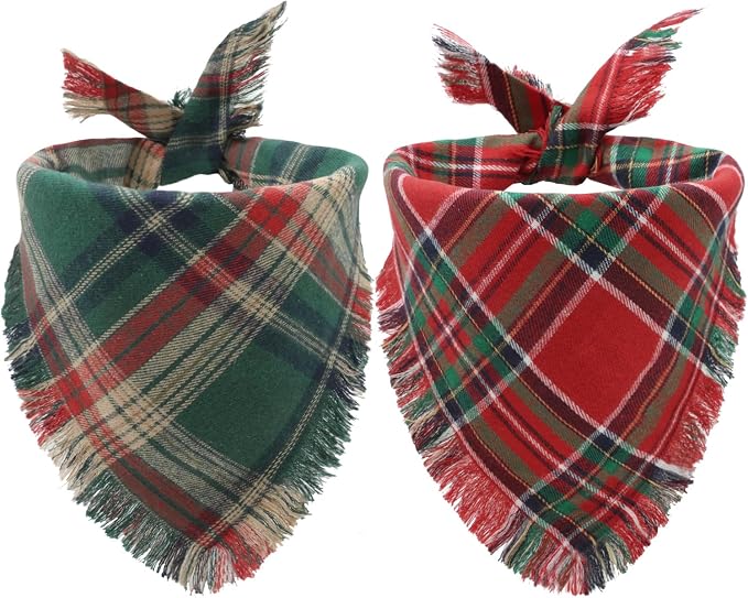 Christmas Dog Bandanas 2PCS-XLarge,Holiday Scarf Two-Sided with Tassels Edges,Stylish Triangle Dog Outfit for Boy and Girl,Winter Christmas Classic Red Green Plaid Pet Costume for Extra Large Dogs