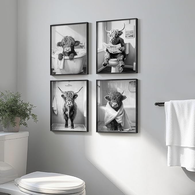 Framed Funny Highland Cow Bathroom Wall Art, 4 Piece Black and White Canvas Painting Prints, Fun Western Cow on Toilet in Bathtub Picture for Western Rustic Farmhouse Bathroom Home Decor, 11x14 Inch