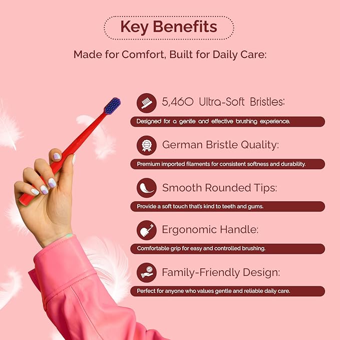 Ved ProCura Ultra Soft Toothbrush – Gentle Manual Toothbrush for Adults with 5,460 Super Soft Bristles for Sensitive Teeth and Gums (RED)