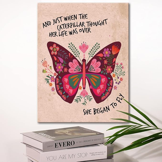 Butterfly Wall Art for Teen Girls Room Decor,Girl Inspirational Quote She Begen to Fly Wall Decor Canvas Poster Print for Butterfly Lovers Teens Girls Bedroom Decor