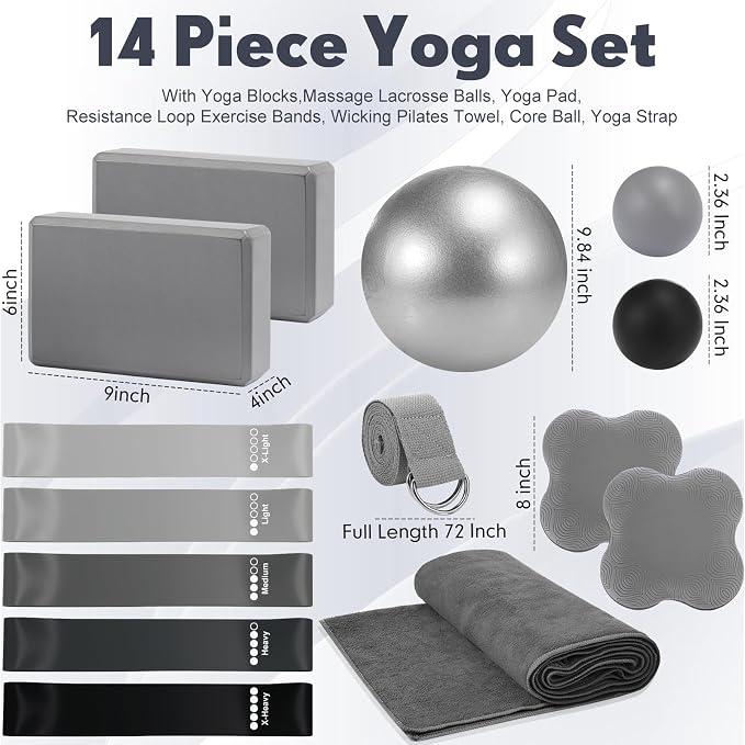 Simgoing 14 Pcs Yoga Kits for Home Workouts Pilates Equipment Set for Women Beginners, Hot Yoga Towel Blocks Strap, Knee Pad, Resistance Loop Exercise Band, Massage Lacrosse Ball, Pilates Ball