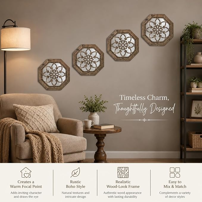 4 Pack 12 Inch Octagon Maroon Rustic Wood Frame Acrylic Wall Mirrors, Farmhouse Boho Wall Art Decor for Living Room, Bedroom, Hallway, Entryway, Bathroom & Office
