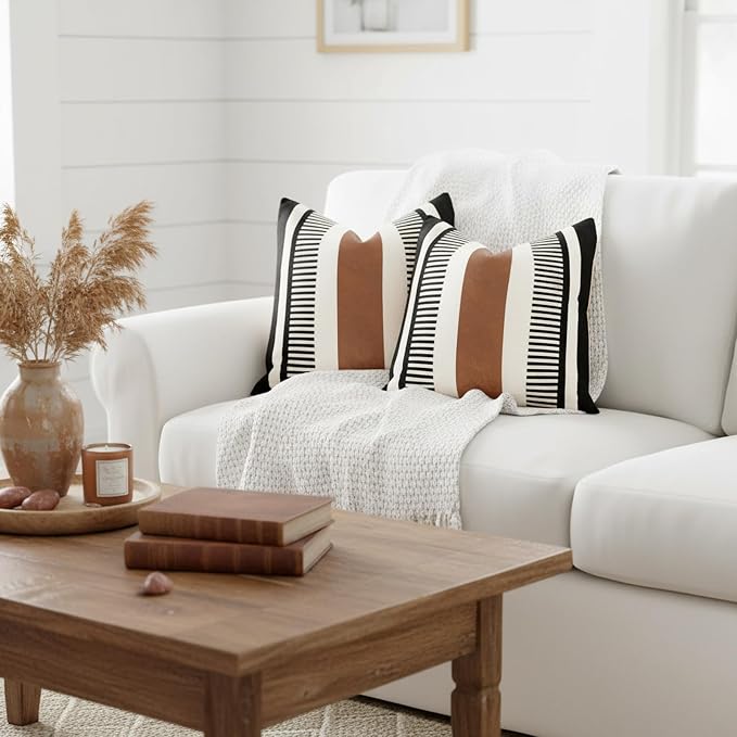 Pack of 2 Faux Leather and Cotton Patchwork Throw Pillow Covers for Sofa Couch Farmhouse Decorative Square Cushion Cover Boho Stripe Accent Pillow Case 20 x 20 Inch, Black