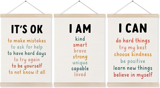 Koesus Inspirational Classroom Wall Art Poster Hanger Frame 12x16 Inch Set of 3, Positive Affirmations for Kids, Motivational Canvas Pictures Prints Framed Wall Decor for Classroom Kids Room Playroom
