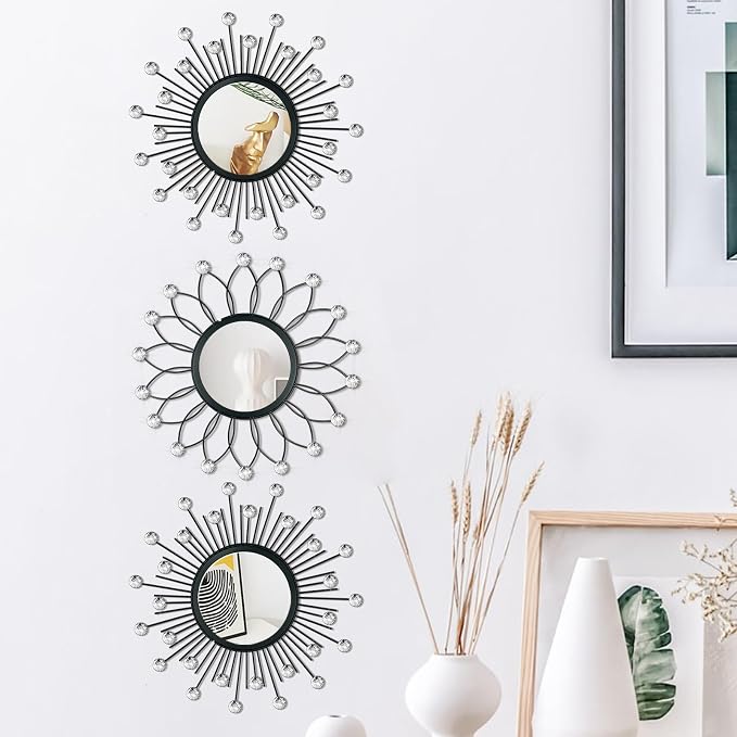3 Pack Metal Mirrors for Wall Sunburst Wall Mirrors Home Décor Decorative Hanging Wall Art for Living Room Bedroom Entryway (Black Crystal, Flower+Sunburst)