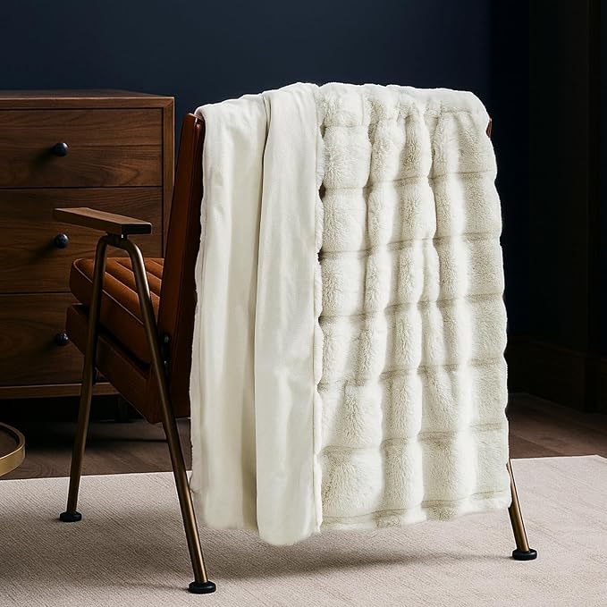 Cozy Bliss Deluxe Sheared Rabbit Faux Fur Throw Blanket, Soft Fuzzy High-Low Sculpted Plush Blanket for Couch, Cozy Home Accent, All Season Use, Beige 50"x60"