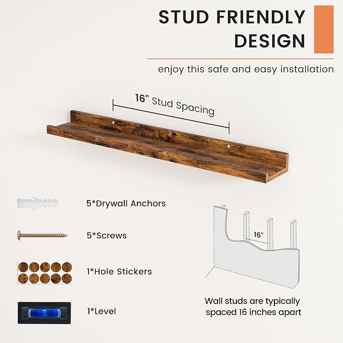 Picture Ledge Shelf, Floating Shelves for Wall, 30" W Set of 2, Brown | FSC Certified Engineered Wood, Wall Mounted Bookshelf, for Nursery Living Room Bedroom, Pre-Drilled, Easy Install