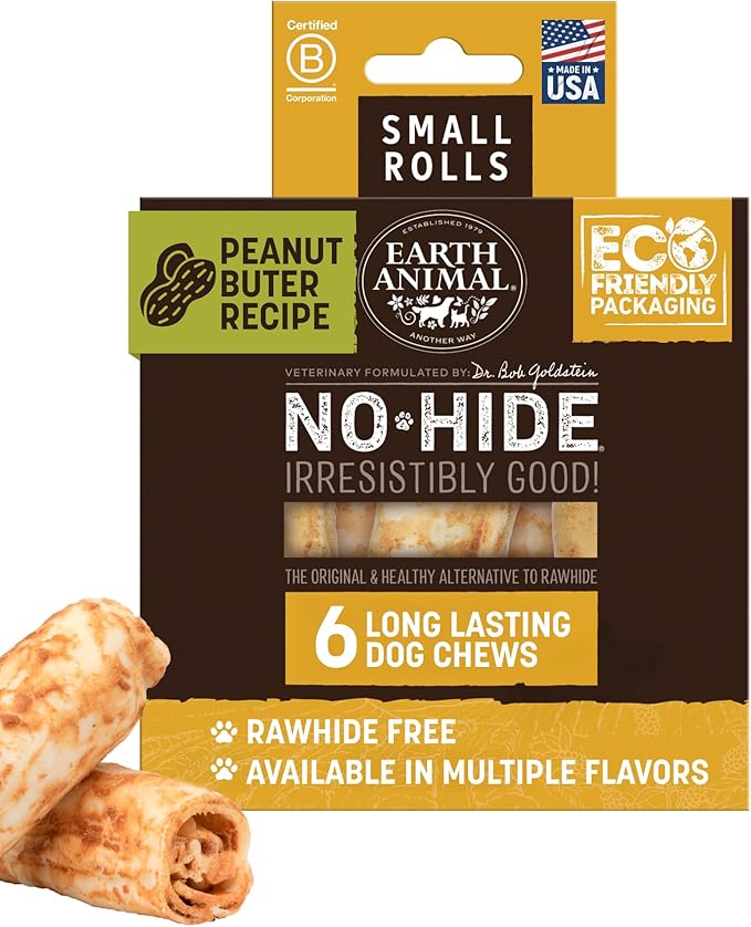 Earth Animal No Hide Dog Chews - Small Rolls 6 Count Peanut Butter | Small Rolls Peanut Butter Flavored Natural Rawhide Free Long Lasting Dog Chews - Pet Treats for Small Dogs