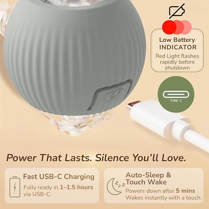 Interactive Cat Toy Automatic Moving Ball, Indoor Cats, Rechargeable, Gray