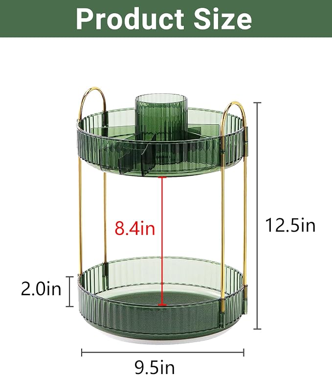 Asayuee 360 Rotating Makeup Organizer,2 Tier Large Capacity Make Up Organizers and Storage,Skincare Perfume Vanity Organizers,Bathroom Cosmetics Storage Organizer Countertop (Green)