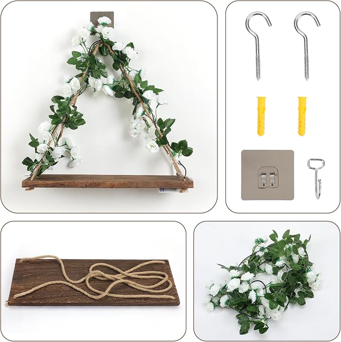 Floating Shelves for Wall,Hanging Shelves,Room Decor,Wall Decor,Boho Decor | Floating Shelves No Drill,Trinket Shelf,Cottage Core Wall Decor,2-Pack Shelf Set Includes Artificial White Rose & LED Lights