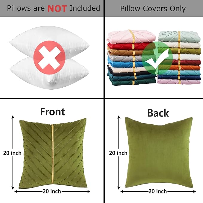 Velvet Throw Pillow Covers 20x20 Pack of 2 Gold Decor Olive Green | Soft Solid Pillow Covers,Modern Luxury Home Decor,for Couch Chair Sofa Bedroom Livingroom,Hidden Zipper,Ideal Gift,Easy Care