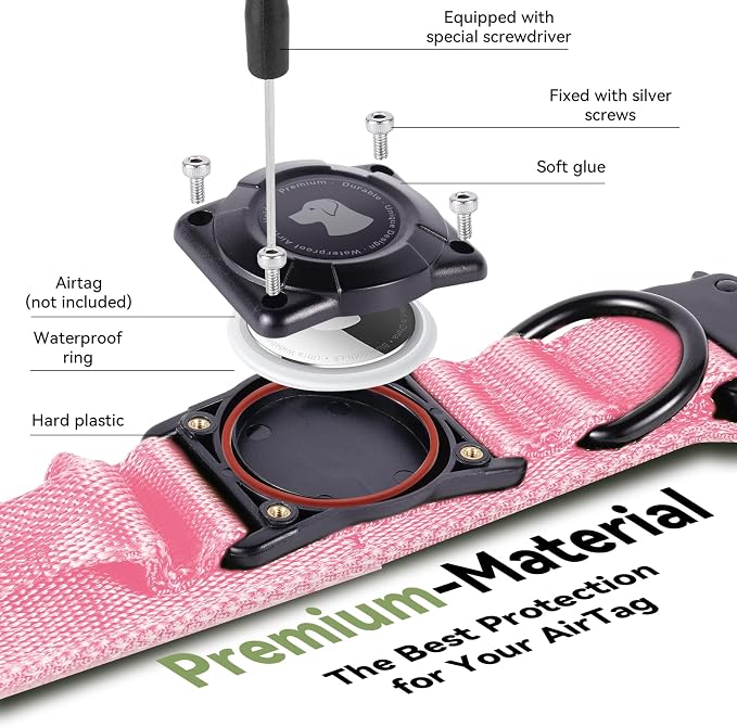 2026 Upgrade Waterproof Tactical AirTag Dog Collar, Built in AirTag Holder | Comfortable Control Handle, Quick Release Metal Buckle, Durable 1000D Nylon, For Medium to Large Dogs, Pink,XL