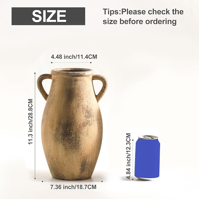 Large Ceramic Vase, 11.3 Inch Tall Farmhouse Vase with 2 Handles | Terracotta Decorative Vase Brings Rustic Charm to Living Room, Entryway, Table Decor and Home Decor, Perfect for Flowers