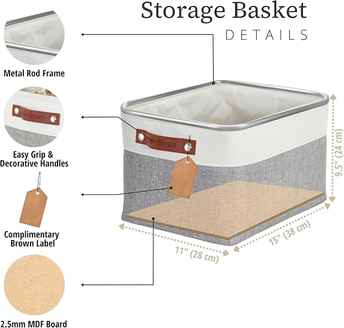 DECOMOMO Storage Bins, Large Fabric Storage Baskets for Shelves 1 Pack | 15 x 11 x 9.5 inches Decorative Linen Closet Organizers (Grey & White)
