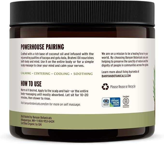 Banyan Botanicals Brahmi Oil in Coconut Base – Organic Ayurvedic Massage Oil with Gotu Kola and Bacopa ­­– Calming Massage Oil for Focus & Relaxation – 14.5 oz NonGMO Sustainably Sourced Abhyanga Oil