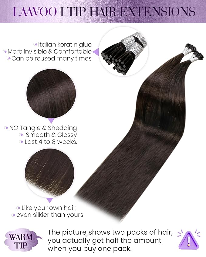 LaaVoo I Tip Human Hair Extensions Dark Brown I Tip Hair Extensions Human Hair Brown I Tips Hair Extensions Real Human Hair Cold Fusion Extensions 50s 50g 28 in