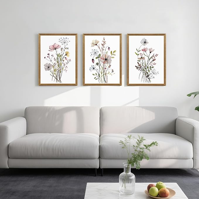WRFON Framed Botanical Canvas Wall Art Set of 3, Watercolor Floral Prints, Framed Flower Wall Decor for Bedroom Bathroom Living Room, 16x24 Inch Each