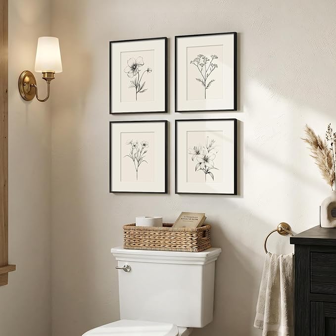 Framed Black and White Botanical Wall Art for Bathroom, 4 Piece 11x14 In | Minimalist floral wall decor, Vintage boho flower pictures, Plexiglass with mat prints, Living room office hallway decor