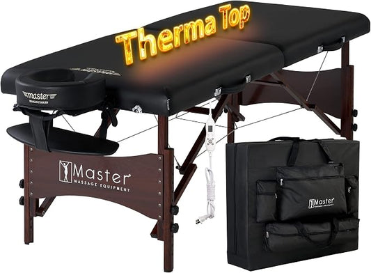 Master Massage 30" Roma Therma Top Heated Portable Massage Table, Wide Salon Spa Beauty Facial Bed with Adjustable Heating System, Face Pillow, and Carrying Bag (Black)