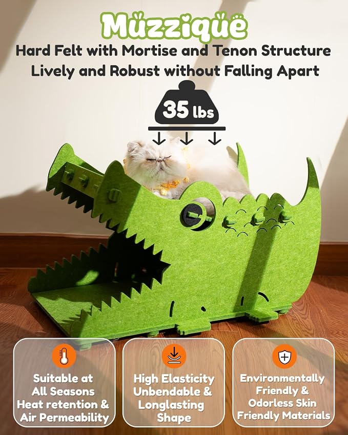 Thickened Felt Cat Bed House, Cat Hideaway Condo with Perch, for Indoor Cat | Elevated Large Furniture for 35 LBs Puppy, Rabbit Hideout Cave, Kitten Hidden Play Hole, Cute Crocodile Scratching Pet Sofa