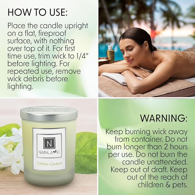Nabila K - Tahitian Gardenia - Soy-Based Candle - Lemon, Cinnamon, Jasmine, Sweet Muguet & Spicy Coriander - Hand-Poured - Cotton Wick - Aromatherapy Candle w/Essential Oils - Made in USA - 3 oz