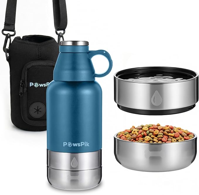 PawsPik 3-in-1 Travel Dog Water Bottle & Bowl Set, 32oz, Blue