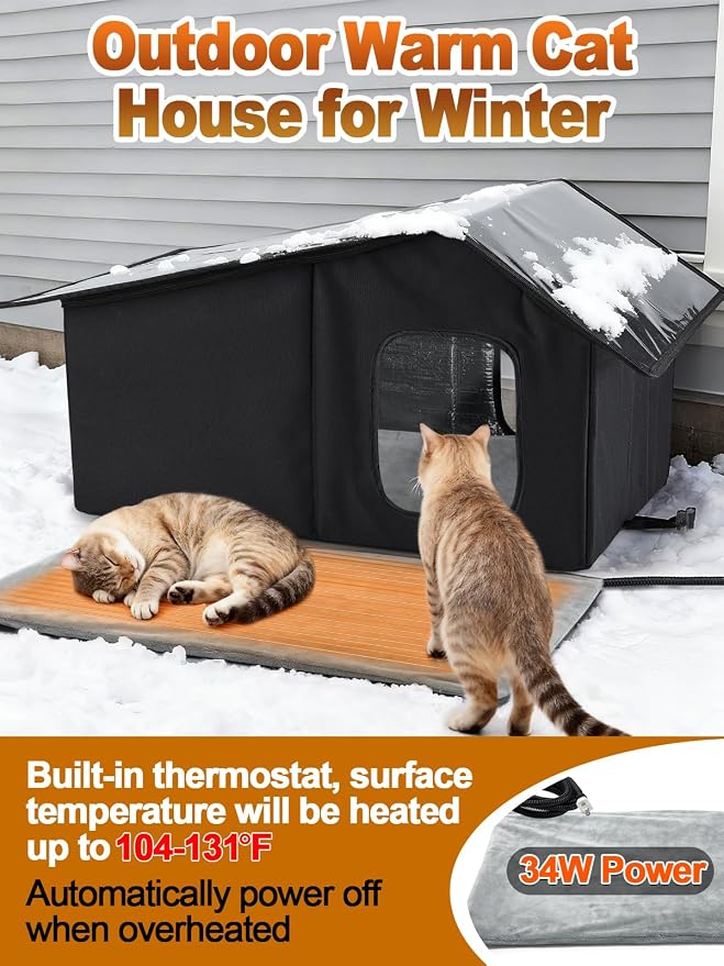 Weatherproof Heated Cat Houses for Outdoor Cats - Insulated Cat Shelter for Winter with Thermostatic Heating Pad and Escape Door, Warm Outside Pet House Gift for 2-3 Feral Cats (Black)