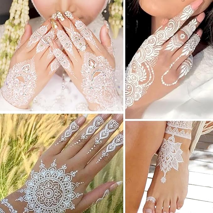 6 Sheets Henna Tattoos Temporary Stickers White Flower Geometric Waterproof Henna Tattoos for Women Indian Diwali Supplies Wedding Party Festivals Decoration