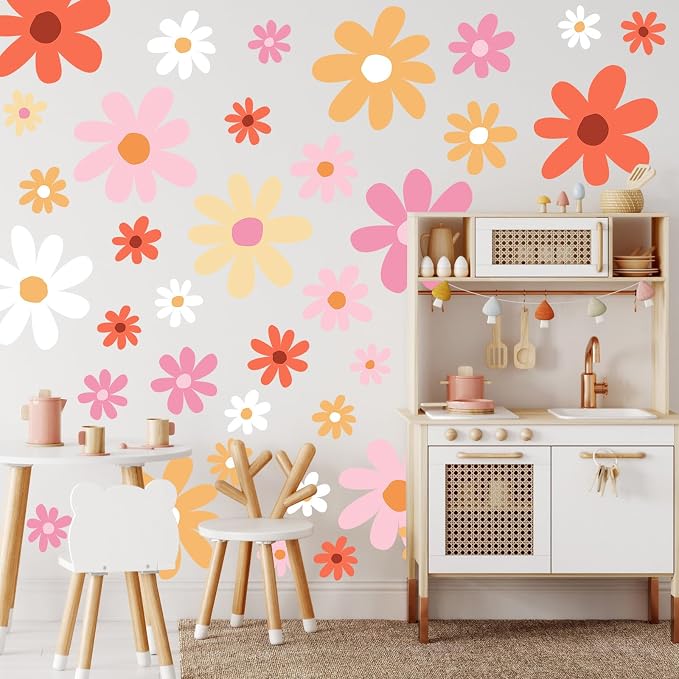 TaoBary 12 Sheet Daisy Wall Sticker Decal,Orange,Lovely Style | Big Flower Wall Sticker, Pink White Floral Decal, Daisy Bedroom Room Decor, Removable Peel and Stick, Nursery Home Wall Decor