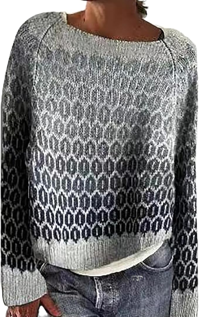Zhyaj Fair Isle Sweater for Womens Winter Long Sleeve Vintage Knitted Sweater Casual Fall Crew Neck Pullover Sweaters