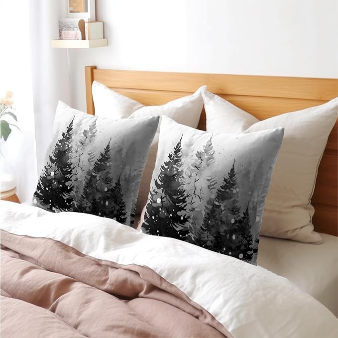 Kawani Winter Trees Throw Pillow Covers 22x22 Inch Set of 2 Grey Pine Tree Snow Forest Square Pillowcase Cotton Linen Cushion Cover for Couch Sofa Room Indoor Outdoor Holiday Decor