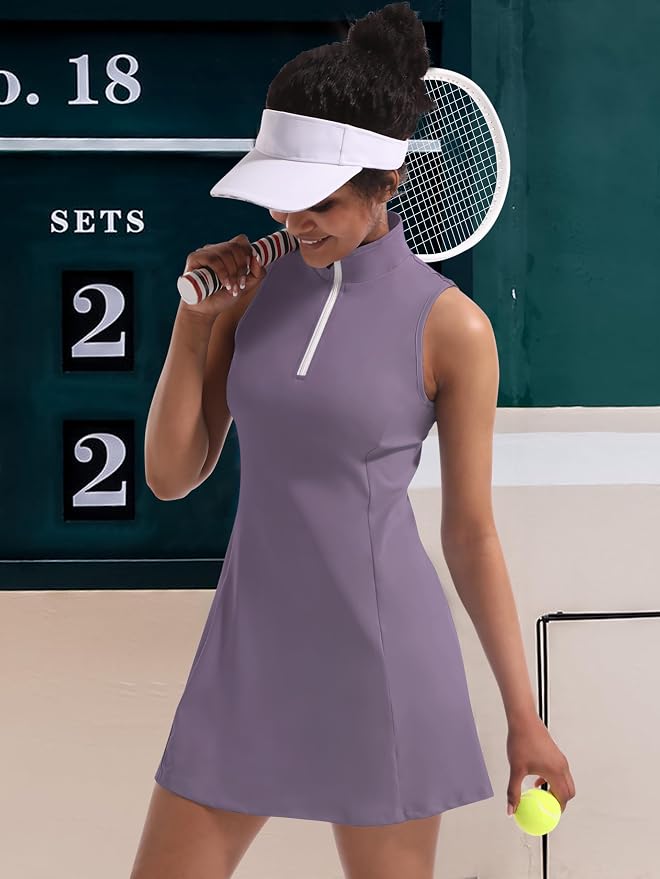 Tennis Dress for Women, Golf Dress with Shorts and Pockets Athletic Dress | Sleeveless Collared Half-Zipper Workout Sport Dress, Stretch Moisture Wicking Fabric, Tennis Golf Outfits